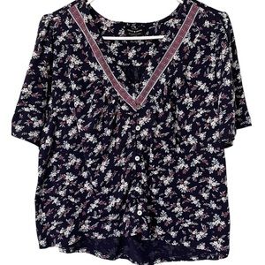 Lucky Brand Blue floral Print T Shirt Tee V Neck Short Sleeve Button Down Size L